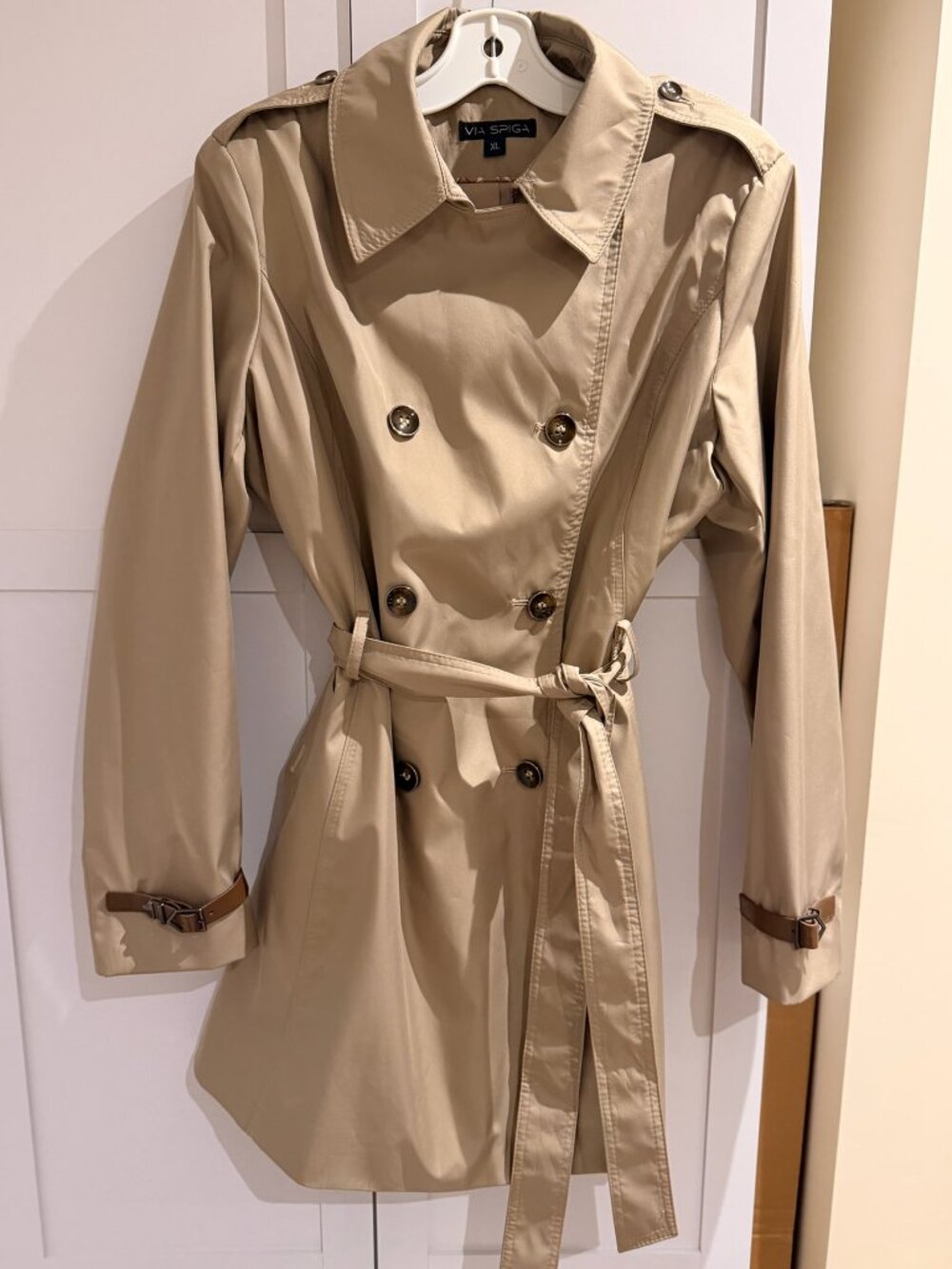 Via Spiga Double Breasted Classic Trench Coat Belted Khaki Leather Detail XL